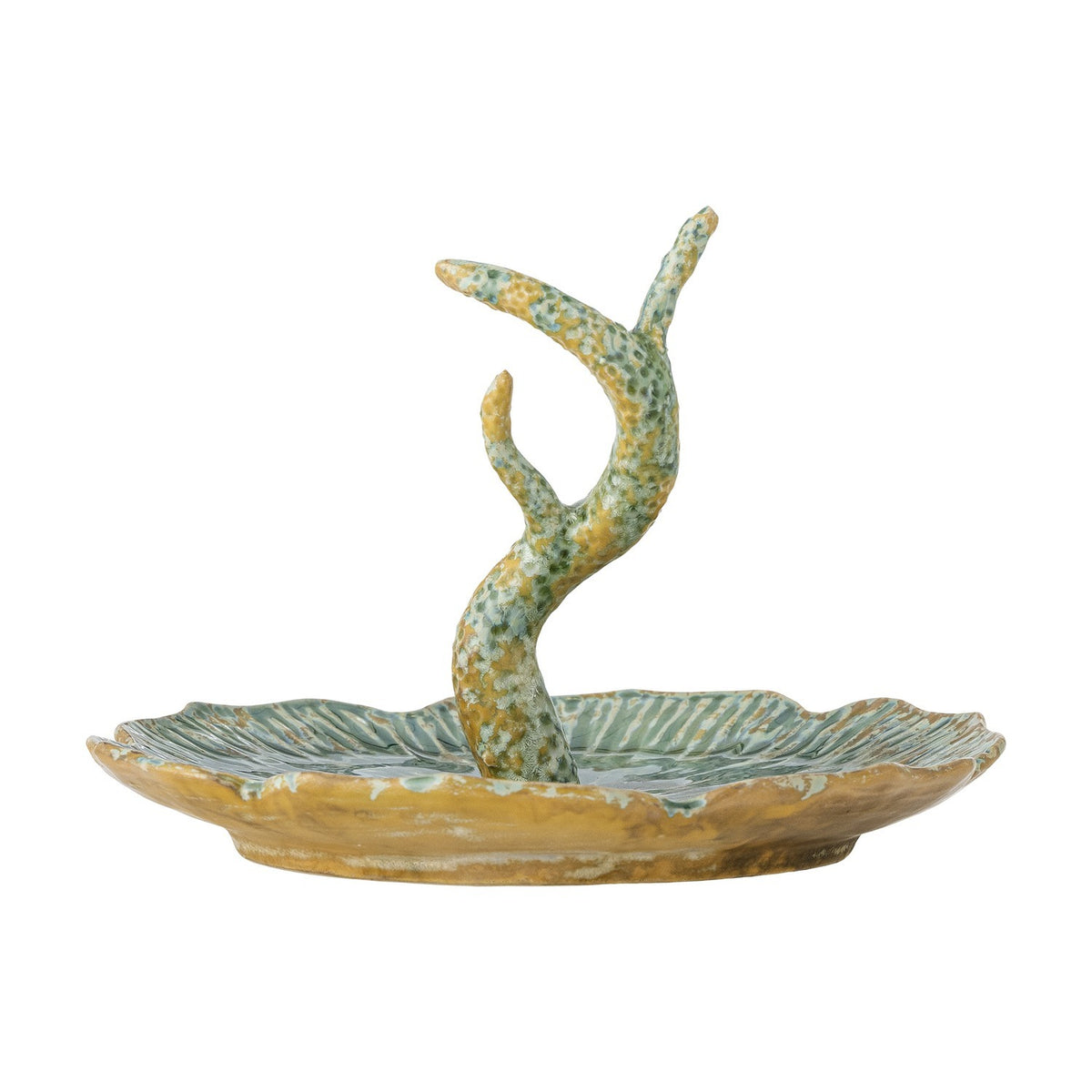Litton Round Stoneware Tray in green, a leaf-shaped ring dish with a branch-like centre upright and ribbed, scalloped rim, shown on a plain white background.