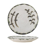 Hadyn Speckled Stoneware Tray in white, round with a low rim, hand-painted dark branch motifs and a mottled edge band, shown face-up and side-on against a plain white background.