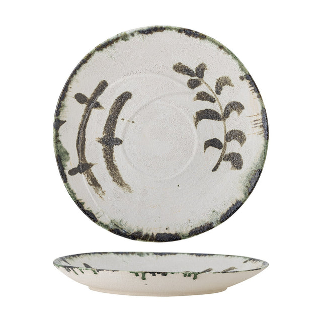Hadyn Speckled Stoneware Tray in white, round with a low rim, hand-painted dark branch motifs and a mottled edge band, shown face-up and side-on against a plain white background.