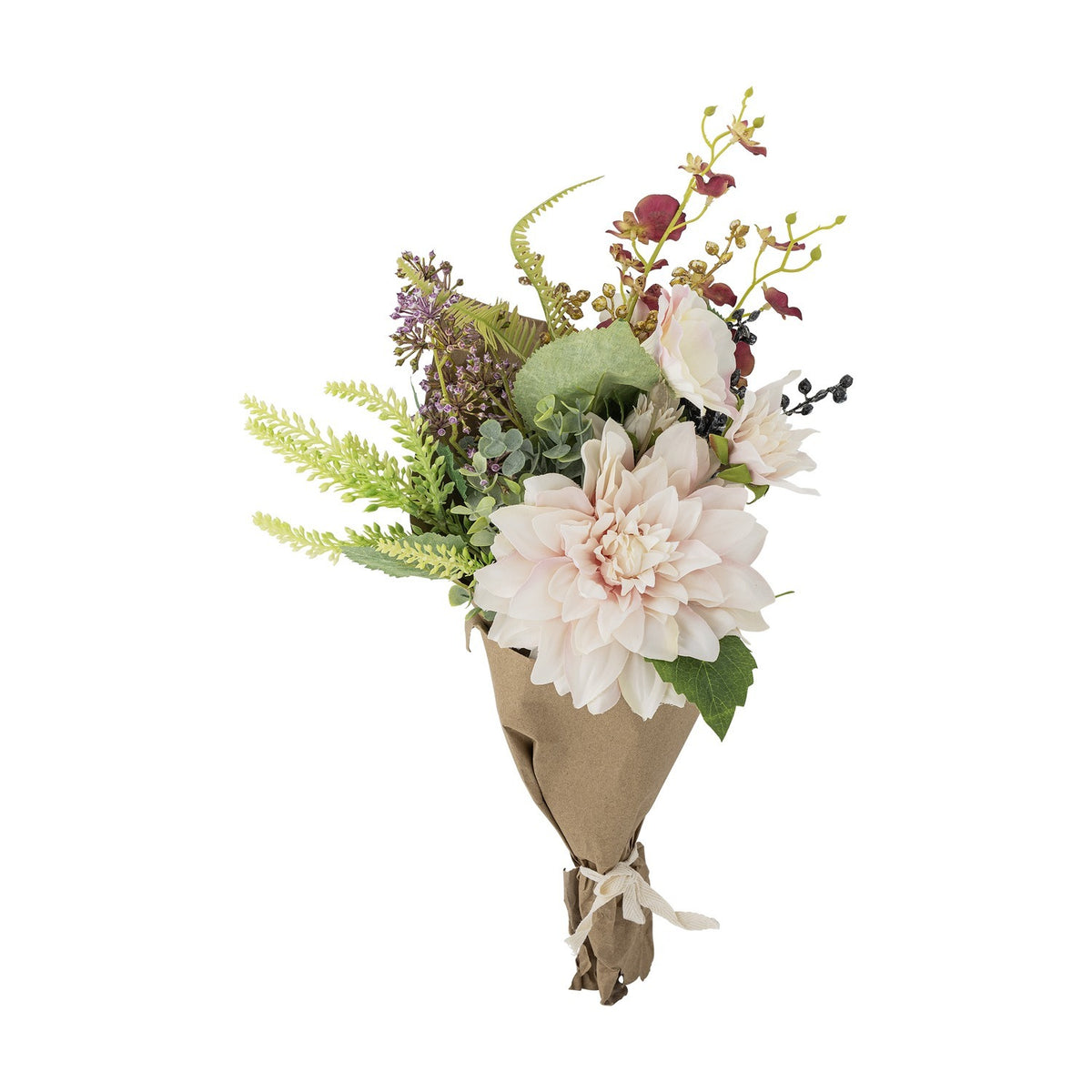Splendor Artificial Bouquet in pink featuring a large multi-petalled dahlia with fern fronds, berries and small buds, wrapped in a paper sleeve tied with ribbon, on a plain white background.