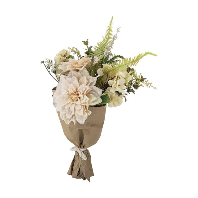 Glow Artificial Bouquet in cream, featuring a large dahlia-style flower, hydrangea florets, fern fronds and eucalyptus sprigs, wrapped in paper and tied at the stems against a white background.