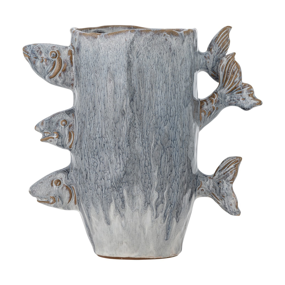Tace Stoneware Vase 23cm in Blue, a rustic ceramic vase with three fish heads and tails modelled protruding through the sides, on a plain white background.