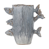 Tace Stoneware Vase 23cm in Blue, a rustic ceramic vase with three fish heads and tails modelled protruding through the sides, on a plain white background.