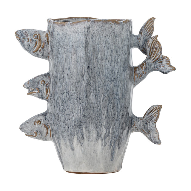 Tace Stoneware Vase 23cm in Blue, a rustic ceramic vase with three fish heads and tails modelled protruding through the sides, on a plain white background.