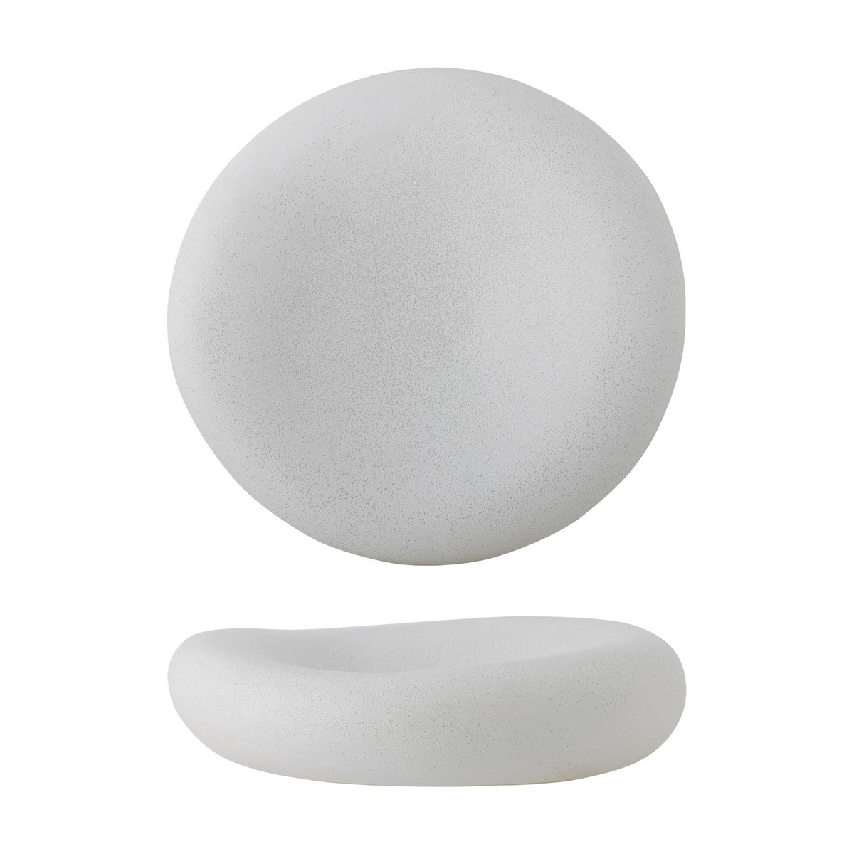 Audra Pebble Stoneware Bowl 30cm in White, shown from above and side-on, a wide, low pebble-shaped dish with a thick rounded rim and speckled matte finish, set against a plain white background.
