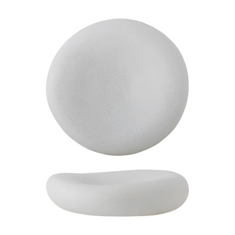 Audra Pebble Stoneware Bowl 30cm in White, shown from above and side-on, a wide, low pebble-shaped dish with a thick rounded rim and speckled matte finish, set against a plain white background.