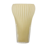 Averie Glass Vase 28cm in yellow, mouth-blown with fine vertical ribs, a rounded flared top tapering to a narrower clear glass foot, shown on a plain white background.