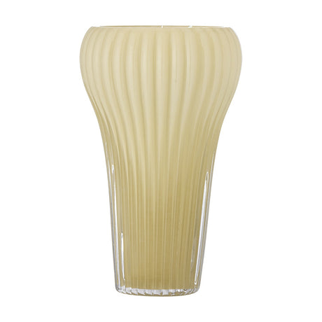 Averie Glass Vase 28cm in yellow, mouth-blown with fine vertical ribs, a rounded flared top tapering to a narrower clear glass foot, shown on a plain white background.