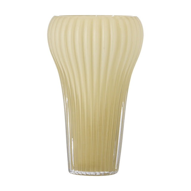 Averie Glass Vase 28cm in yellow, mouth-blown with fine vertical ribs, a rounded flared top tapering to a narrower clear glass foot, shown on a plain white background.