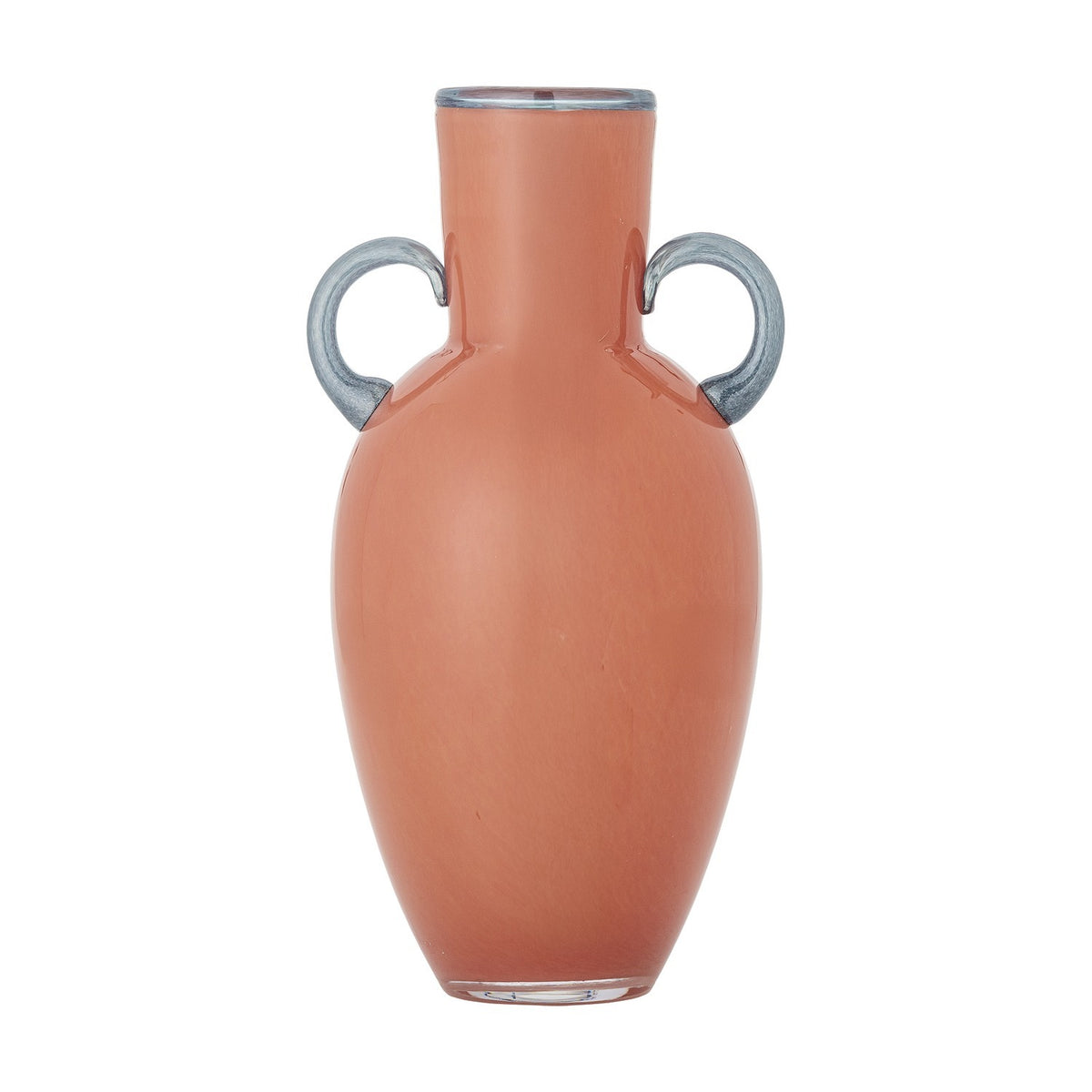 Anniversary Glass Vase 30cm in Orange, a mouth-blown amphora-shaped vase with rounded body, slim neck, and two contrasting grey-blue loop handles, shown on a plain white background.