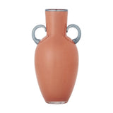 Anniversary Glass Vase 30cm in Orange, a mouth-blown amphora-shaped vase with rounded body, slim neck, and two contrasting grey-blue loop handles, shown on a plain white background.