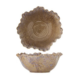 Nash Stoneware Bowl 24.5cm in Brown, shown from top and side views with a wavy ruffled rim, rippled texture, and glossy ceramic finish on a plain white background.