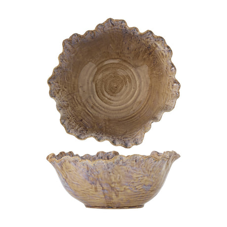 Nash Stoneware Bowl 24.5cm in Brown, shown from top and side views with a wavy ruffled rim, rippled texture, and glossy ceramic finish on a plain white background.