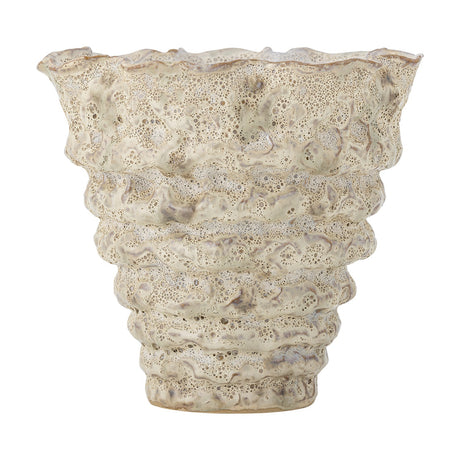 Colleen Wavy Stoneware Plant Pot in cream, with a ruffled rim and stacked ridged body in a textured, bubbled glaze, shown on a plain white background.