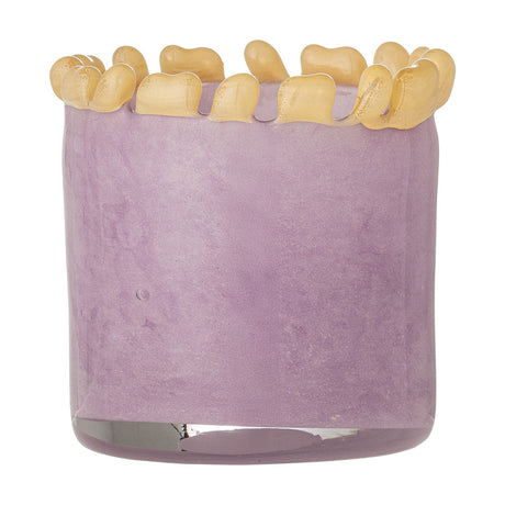 Edger Wavy Glass Tealight Holder in purple, a round glass vessel with a mottled finish and a wavy amber-toned drop rim, shown against a plain white background.