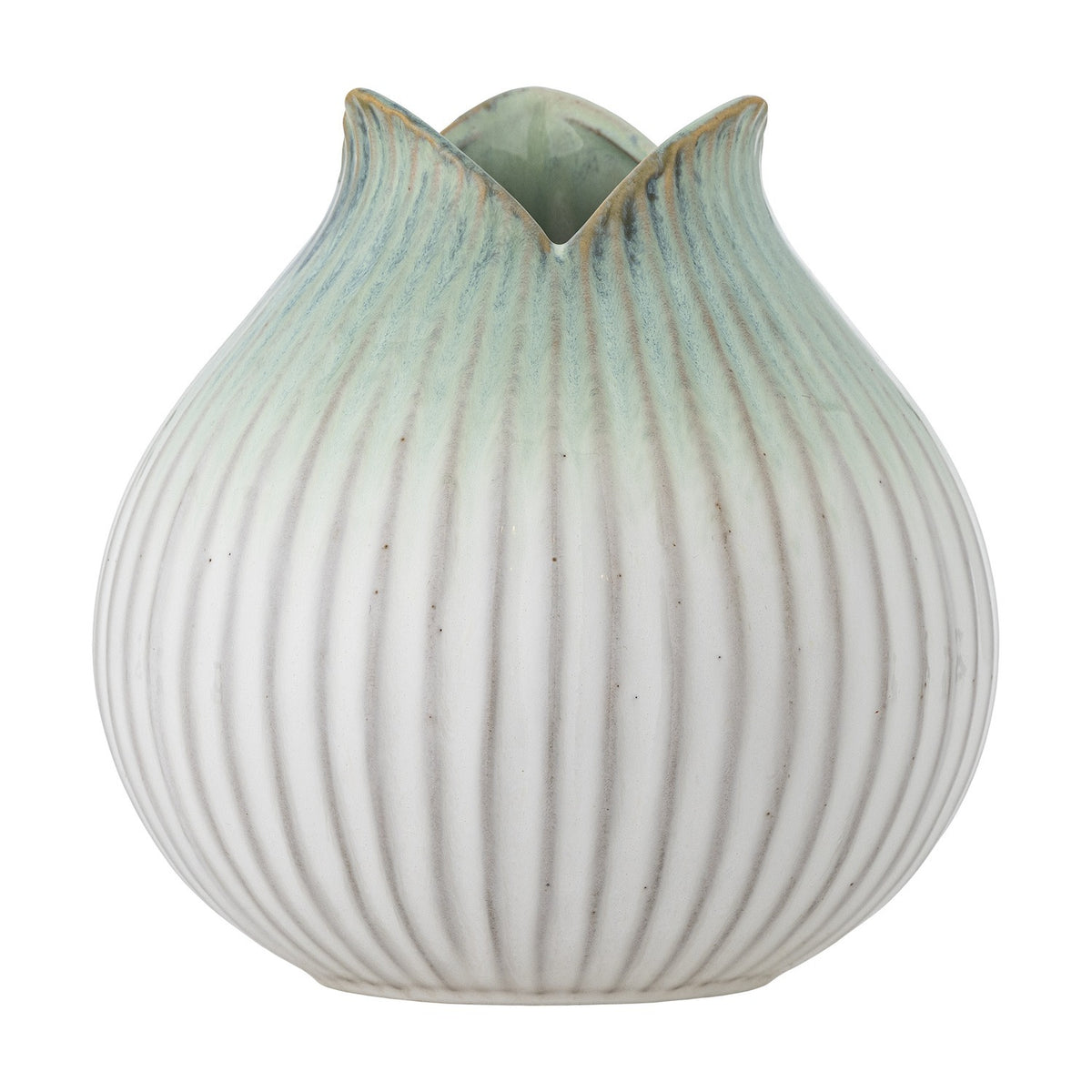 Skylar Fluted Stoneware Vase 19.5cm in White, a round, bud-shaped vase with vertical ribs and a petal-like folded rim, shown against a plain white background.