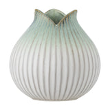 Skylar Fluted Stoneware Vase 19.5cm in White, a round, bud-shaped vase with vertical ribs and a petal-like folded rim, shown against a plain white background.