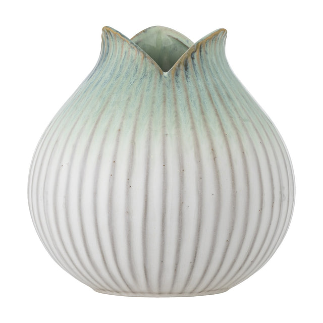 Skylar Fluted Stoneware Vase 19.5cm in White, a round, bud-shaped vase with vertical ribs and a petal-like folded rim, shown against a plain white background.