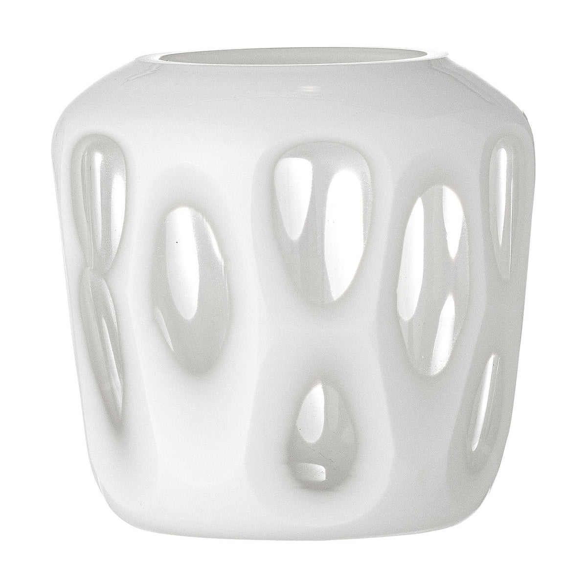 Rohan Glass Tealight Holder in white, rounded glossy body with recessed teardrop cut-outs around the sides, shown on a plain white background.
