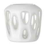 Rohan Glass Tealight Holder in white, rounded glossy body with recessed teardrop cut-outs around the sides, shown on a plain white background.