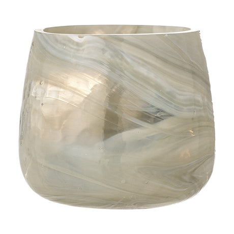 Imran Marbled Glass Tealight Holder in grey, a rounded tub-shaped recycled glass candle holder with swirling marble-effect pattern, shown on a plain white background.