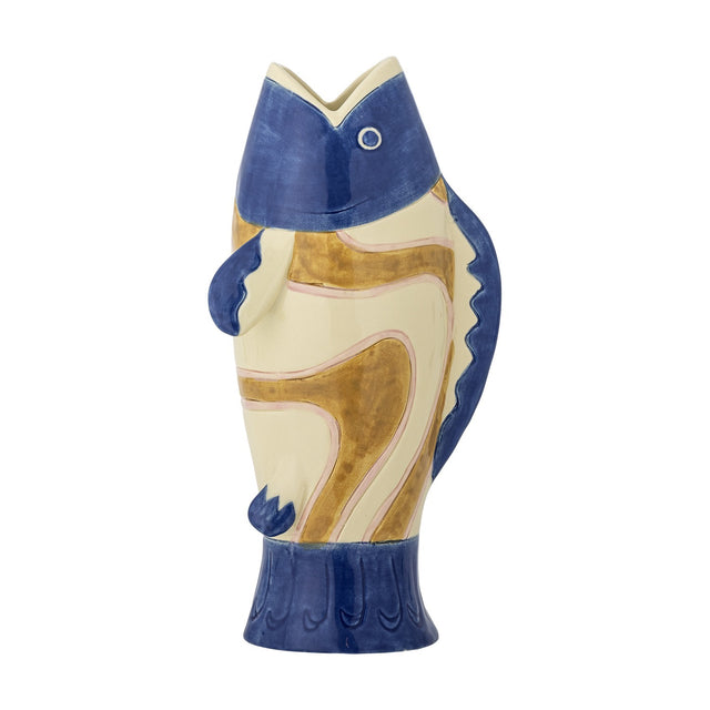 Irving Blue Fish Stoneware Vase 22cm, shaped like an upright fish with a blue head and tail fin, mustard and cream patterned body, scalloped base, on a plain white background.