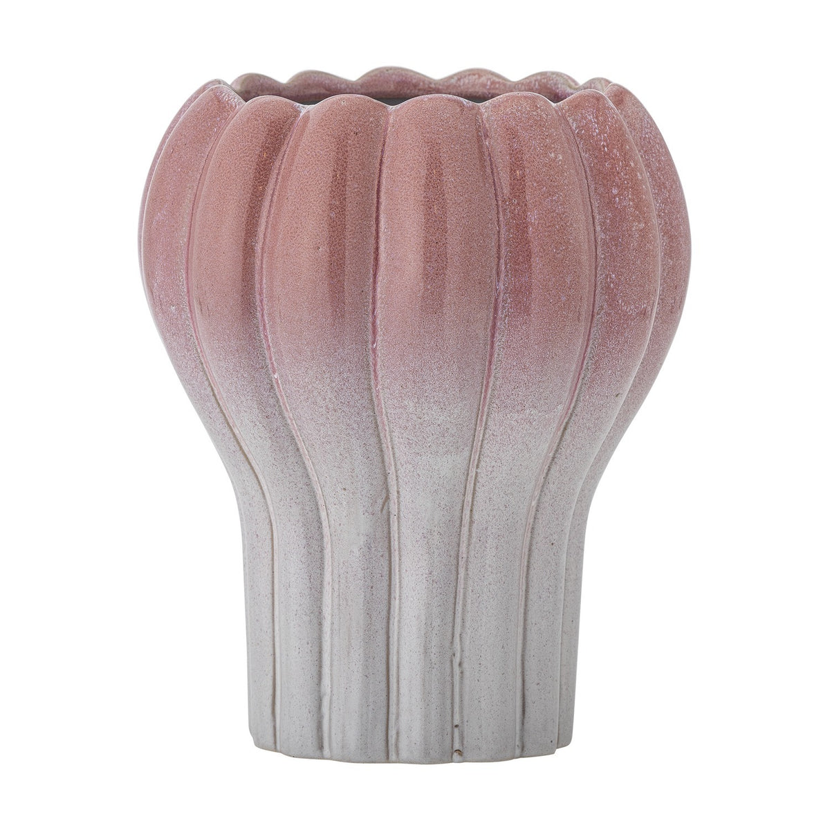 Kyla Stoneware Plant Pot in pink, a ribbed fluted bowl with scalloped rim tapering to a narrower white base, shown on a plain white background.