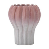Kyla Stoneware Plant Pot in pink, a ribbed fluted bowl with scalloped rim tapering to a narrower white base, shown on a plain white background.