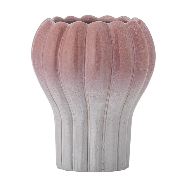 Kyla Stoneware Plant Pot in pink, a ribbed fluted bowl with scalloped rim tapering to a narrower white base, shown on a plain white background.