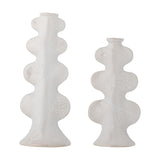 Cason stoneware candle holders in white, set of two different heights with rounded lobed columns, flared feet, narrow collars, and sunburst motifs on a textured glaze, shown on a plain background.