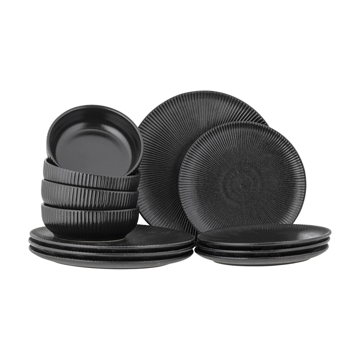 Neri Ribbed Stoneware Dinner Set of 12 - Black