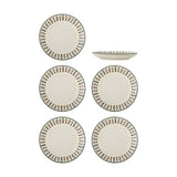 Set of six cream stoneware side plates, 16cm, with a nutcracker figure border, plain centres, shown from above and in profile on a white background.