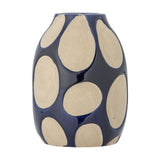 Bashir Oval Stoneware Vase 20cm in glossy blue with large matt speckled oval patterns covering the rounded body, shown on a plain white background.