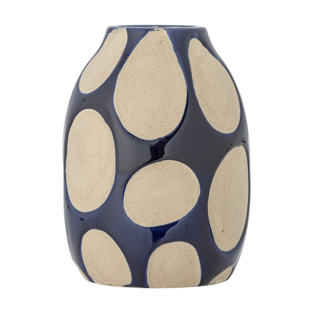 Bashir Oval Stoneware Vase 20cm in glossy blue with large matt speckled oval patterns covering the rounded body, shown on a plain white background.