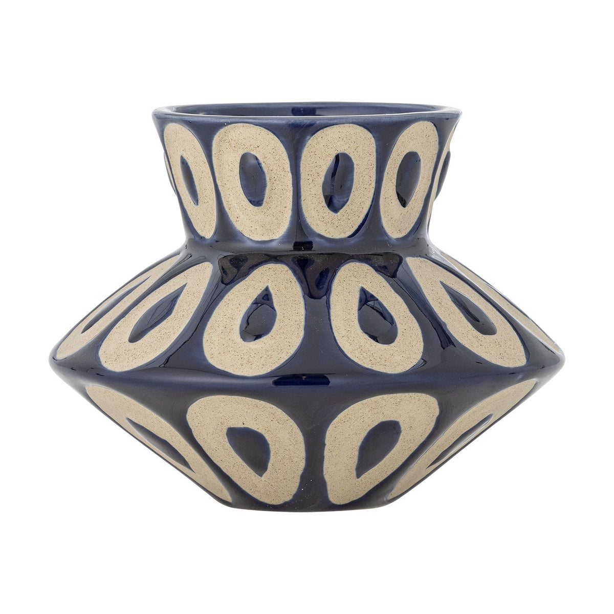 Bashir Stoneware Vase 12cm in blue with a flared neck and angled shoulder tapering to a narrow base, decorated with rows of oval cream rings, on a plain white background.