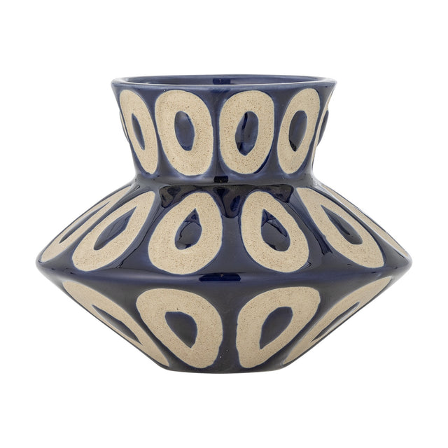 Bashir Stoneware Vase 12cm in blue with a flared neck and angled shoulder tapering to a narrow base, decorated with rows of oval cream rings, on a plain white background.