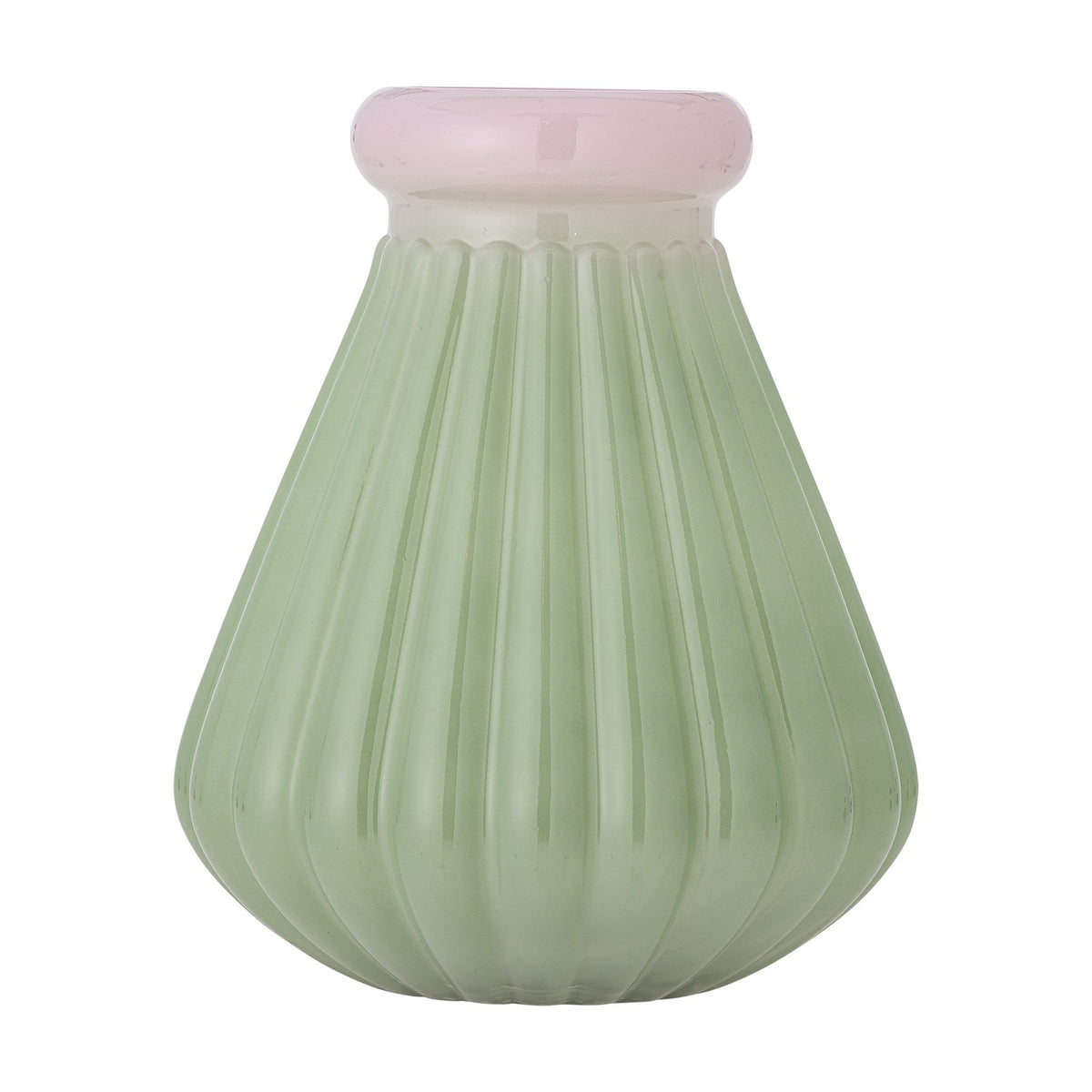 Judith Ribbed Glass Vase 24.5cm in green, with deep vertical ribs on a wide, tapered body and a rounded pink-tinted rim, shown against a plain white background.