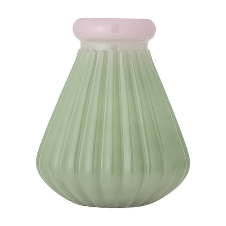 Judith Ribbed Glass Vase 24.5cm in green, with deep vertical ribs on a wide, tapered body and a rounded pink-tinted rim, shown against a plain white background.