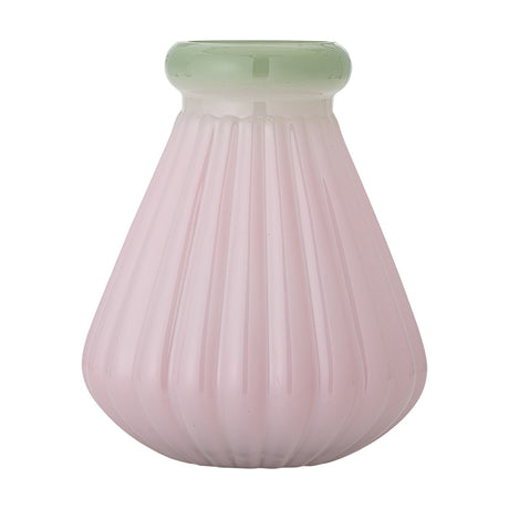 Judith Fluted Glass Vase 20cm in Pink, a tapered vase with vertical ribbed texture and a rolled green-tinted rim, shown on a plain white background.