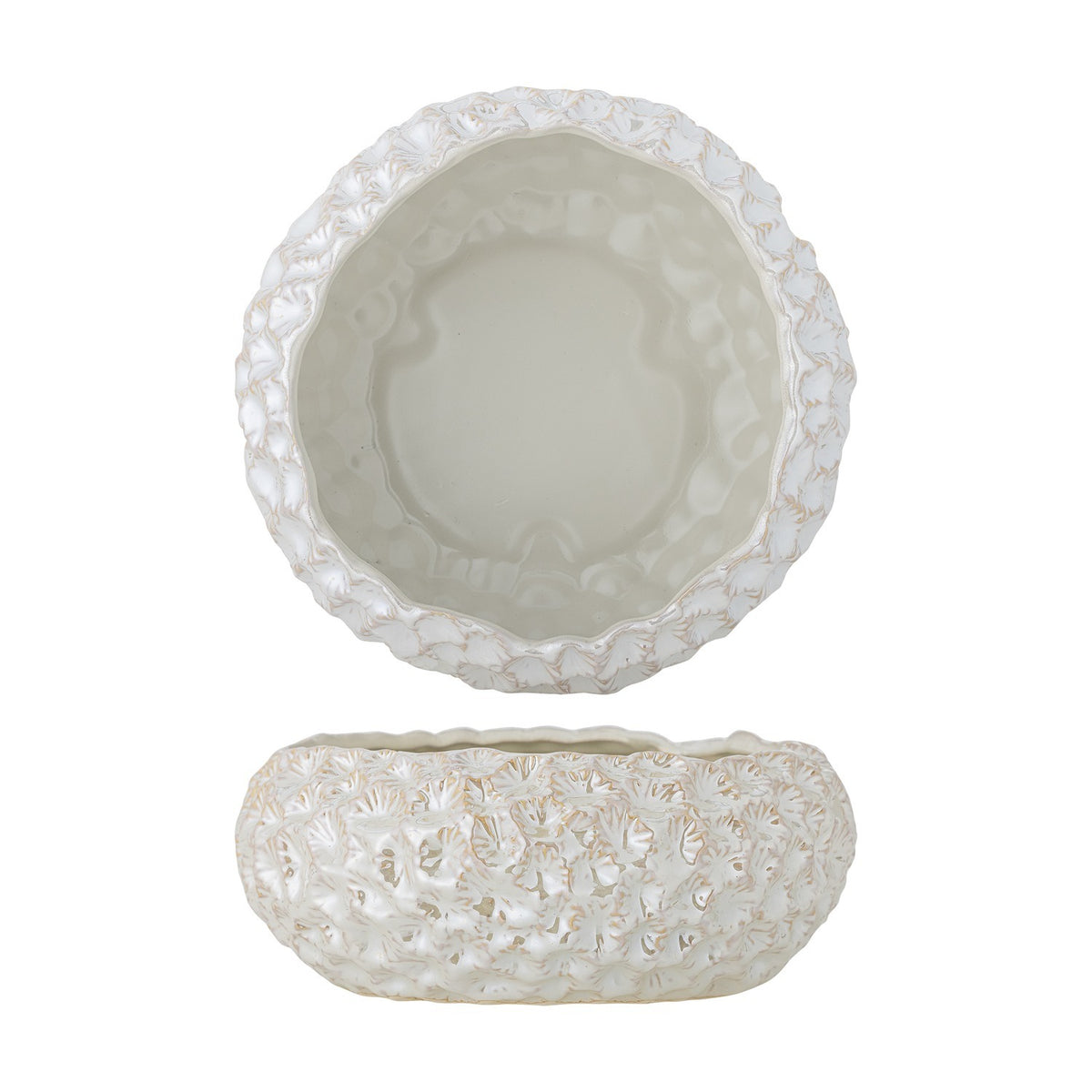 Lowen Stoneware Bowl 24cm in white, shown from above and side, with a smooth glazed interior and a textured, fan-motif relief exterior with wavy rim, on a plain white background.