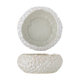 Lowen Stoneware Bowl 24cm in white, shown from above and side, with a smooth glazed interior and a textured, fan-motif relief exterior with wavy rim, on a plain white background.