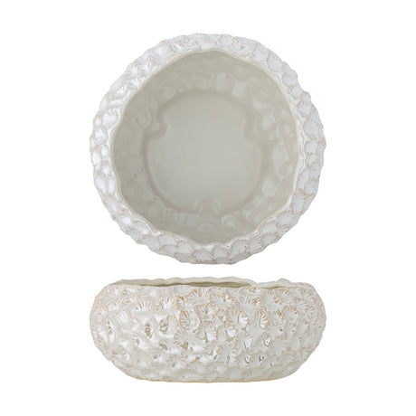 Lowen Stoneware Bowl 24cm in white, shown from above and side, with a smooth glazed interior and a textured, fan-motif relief exterior with wavy rim, on a plain white background.