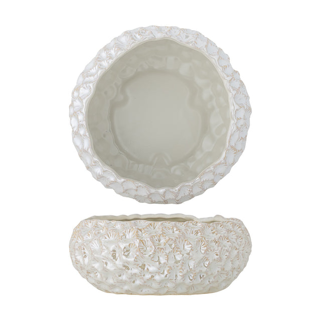 Lowen Stoneware Bowl 24cm in white, shown from above and side, with a smooth glazed interior and a textured, fan-motif relief exterior with wavy rim, on a plain white background.