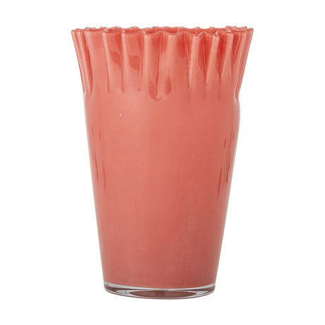 Janine Fluted Glass Vase 30cm in pink, mouthblown glass with a deep wavy frilled rim tapering to a narrow clear-glass foot, shown against a plain white background.