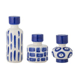 Romane Stoneware Vases Set of 3 in Blue on a white background: a tall vase with vertical stroke patterns, a squat cylinder with brushed blocks, and a bulbous vase with bold circles.