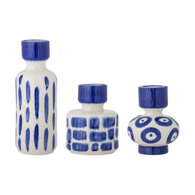 Romane Stoneware Vases Set of 3 in Blue on a white background: a tall vase with vertical stroke patterns, a squat cylinder with brushed blocks, and a bulbous vase with bold circles.