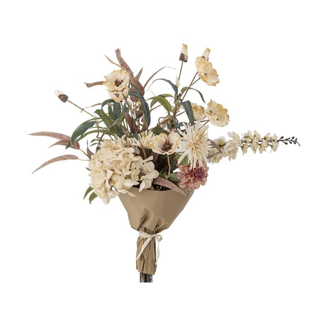 Hazy Artificial Bouquet in cream, wrapped in kraft paper, featuring poppy-like blooms, hydrangea and chrysanthemum clusters, a dusty pink dahlia, and trailing foliage against a plain white background.