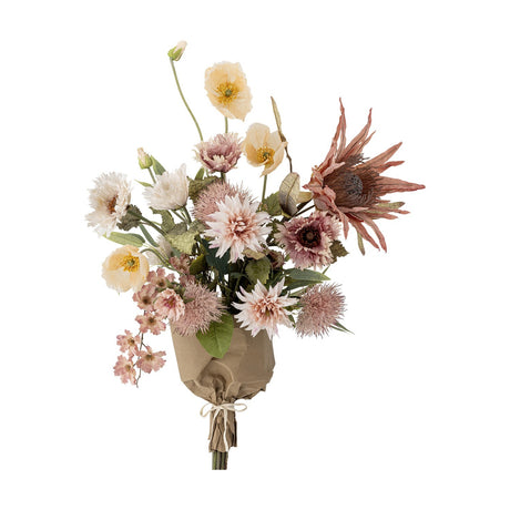 Dust Artificial Bouquet in pink, a large faux arrangement with poppy-style flowers, thistle heads, dahlias, trailing blossoms and a protea bloom, stems wrapped, on a white background.
