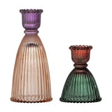 Shilo ribbed glass candle holders, set of 2 in tall purple-to-amber and shorter red-to-green bell shapes with scalloped beaded bases, on a plain white background.