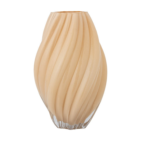 Kanji Glass Vase 30cm in beige, a spiral fluted glass vase with a swollen body and narrow rim, shown on a plain white background.